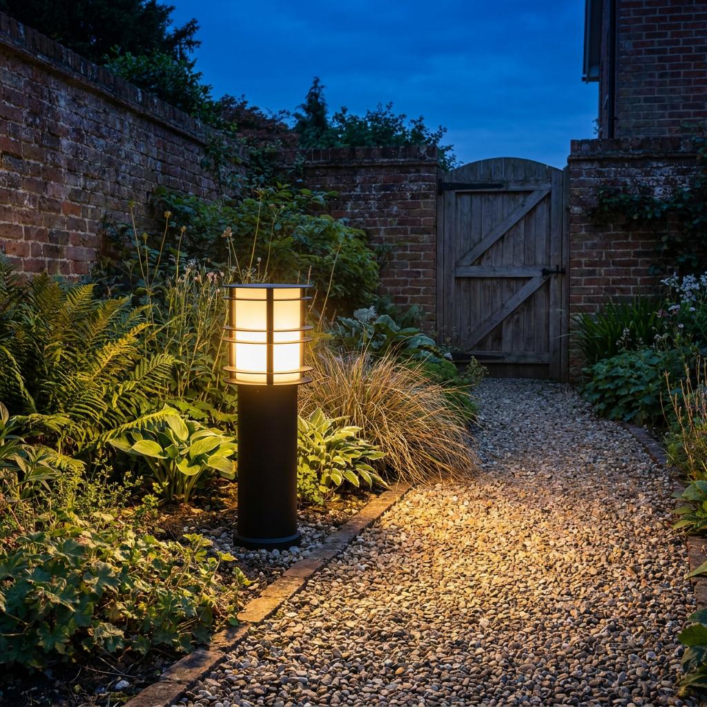 Black medium bollard light illuminating a lush garden gravel path at dusk near a brick wall and wooden gate.