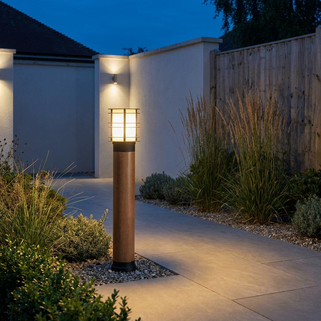Elstead Stockholm wood and black bollard light illuminating a modern stone garden pathway at night.
