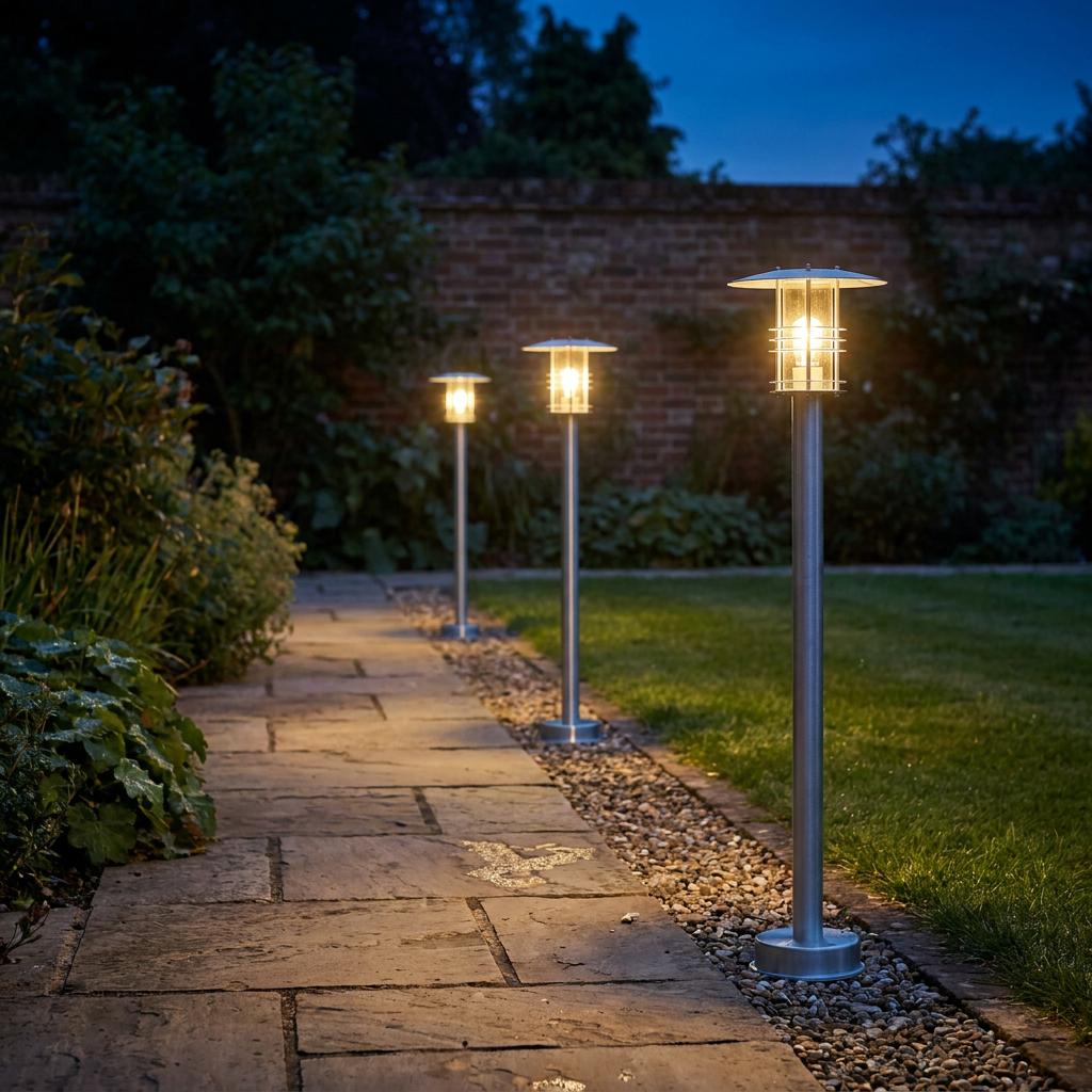 Three illuminated galvanised steel bollard lights lining a stone garden path at twilight.