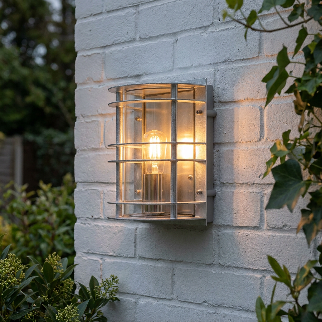 Lit Elstead Stockholm galvanised steel wall light mounted on a white brick wall in a garden setting.