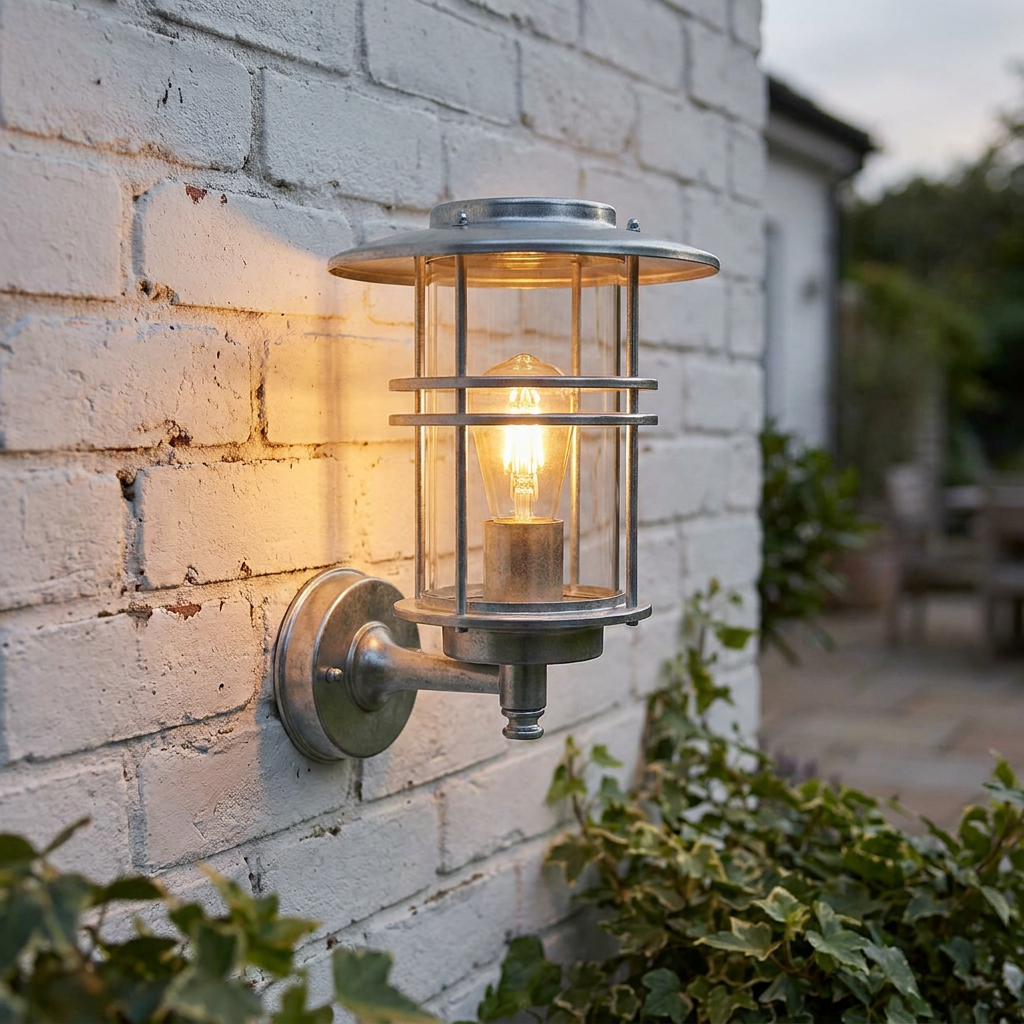 Elstead Stockholm galvanised steel outdoor wall light with a glowing bulb, mounted on a white brick wall.