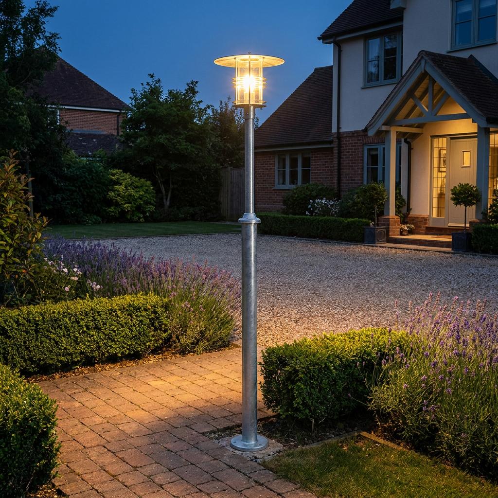 A galvanized steel outdoor lamp post illuminates a garden path and driveway at night.