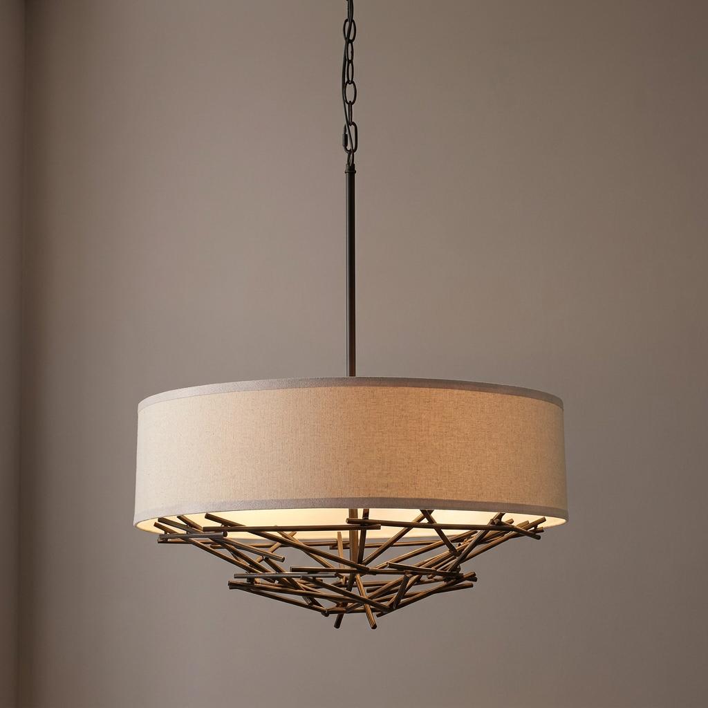 Elstead Taiko bronze ceiling pendant featuring a cream drum shade and a decorative twig-like nest base.