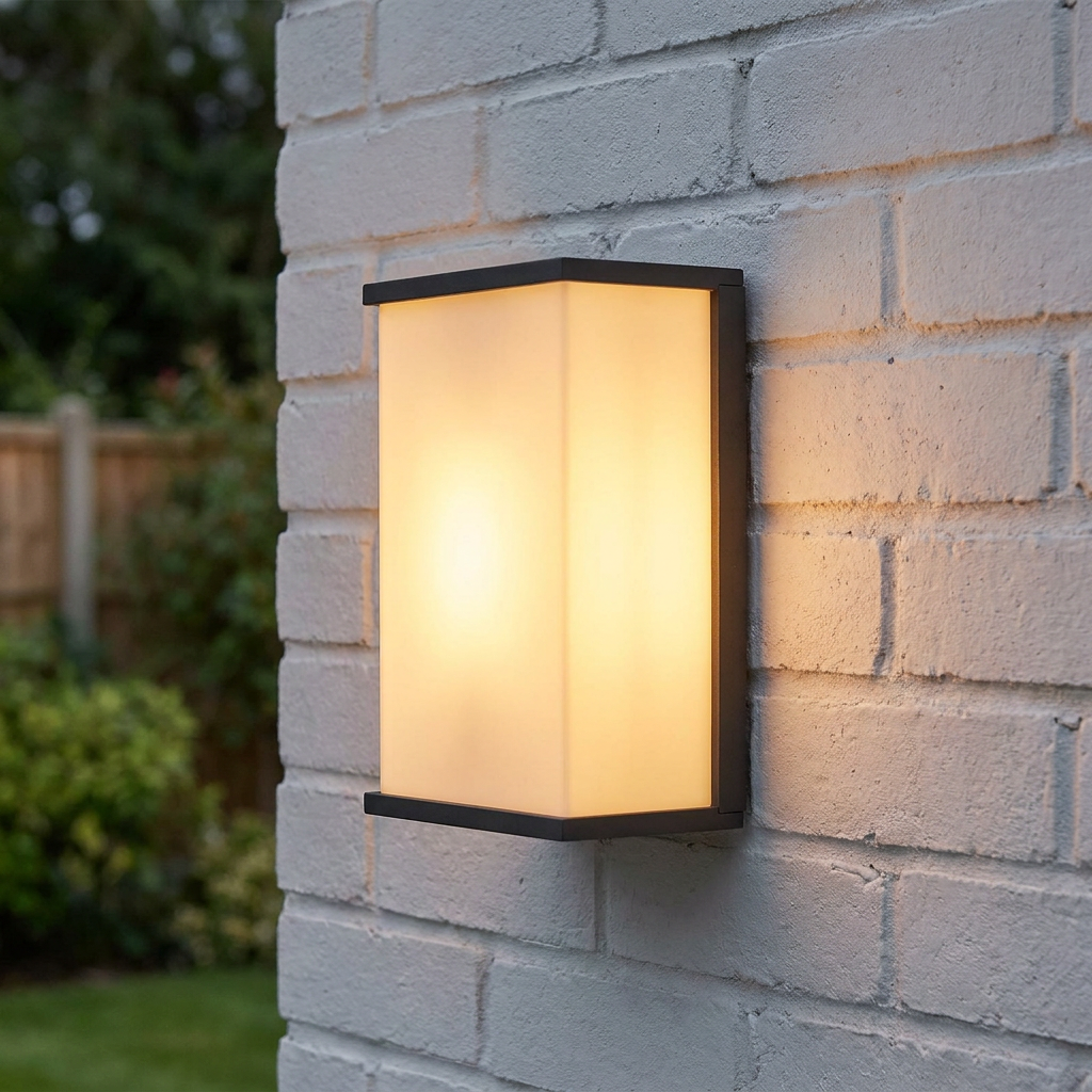 Modern tall dark grey outdoor wall light with a frosted diffuser mounted on a white brick wall and illuminated.