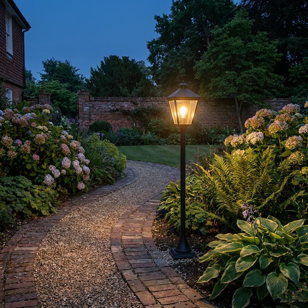 A black Elstead Turin outdoor bollard light illuminating a gravel garden path lined with flowers at dusk.