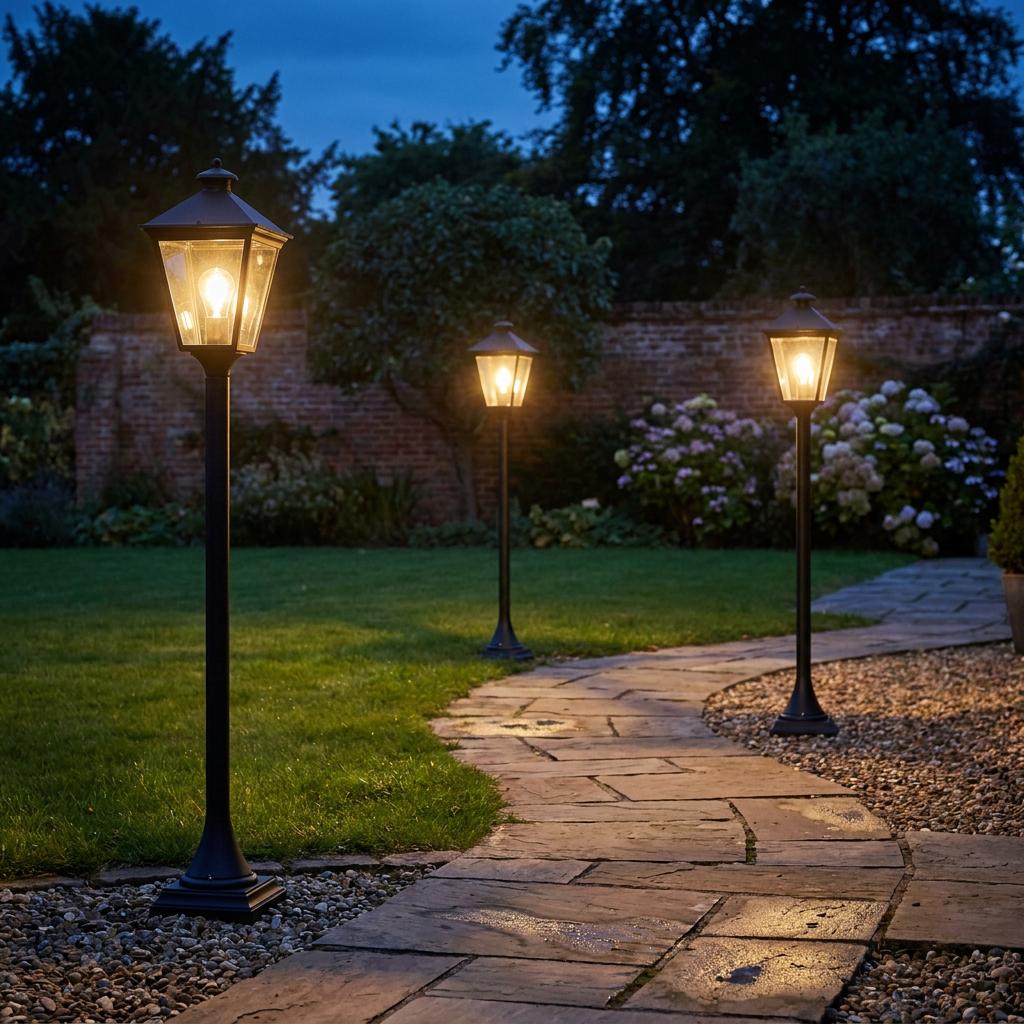 Three black lantern-style bollard lights illuminating a winding stone garden path at night.