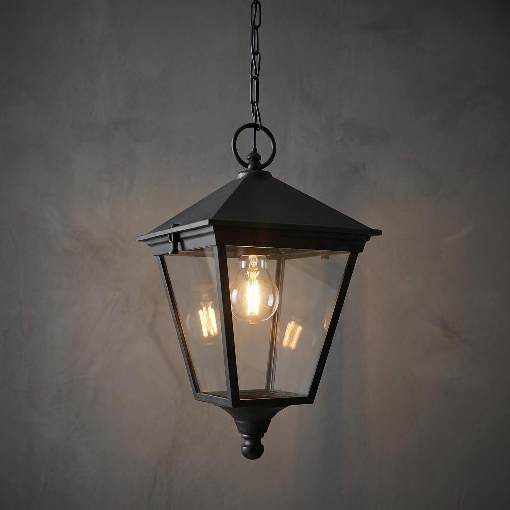 Traditional black outdoor pendant lantern with clear glass panels and a lit bulb hanging against a textured grey wall.
