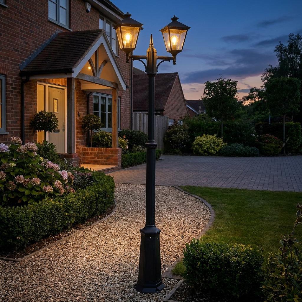 Traditional black twin arm lamp post with glowing lanterns illuminating a gravel path at dusk.
