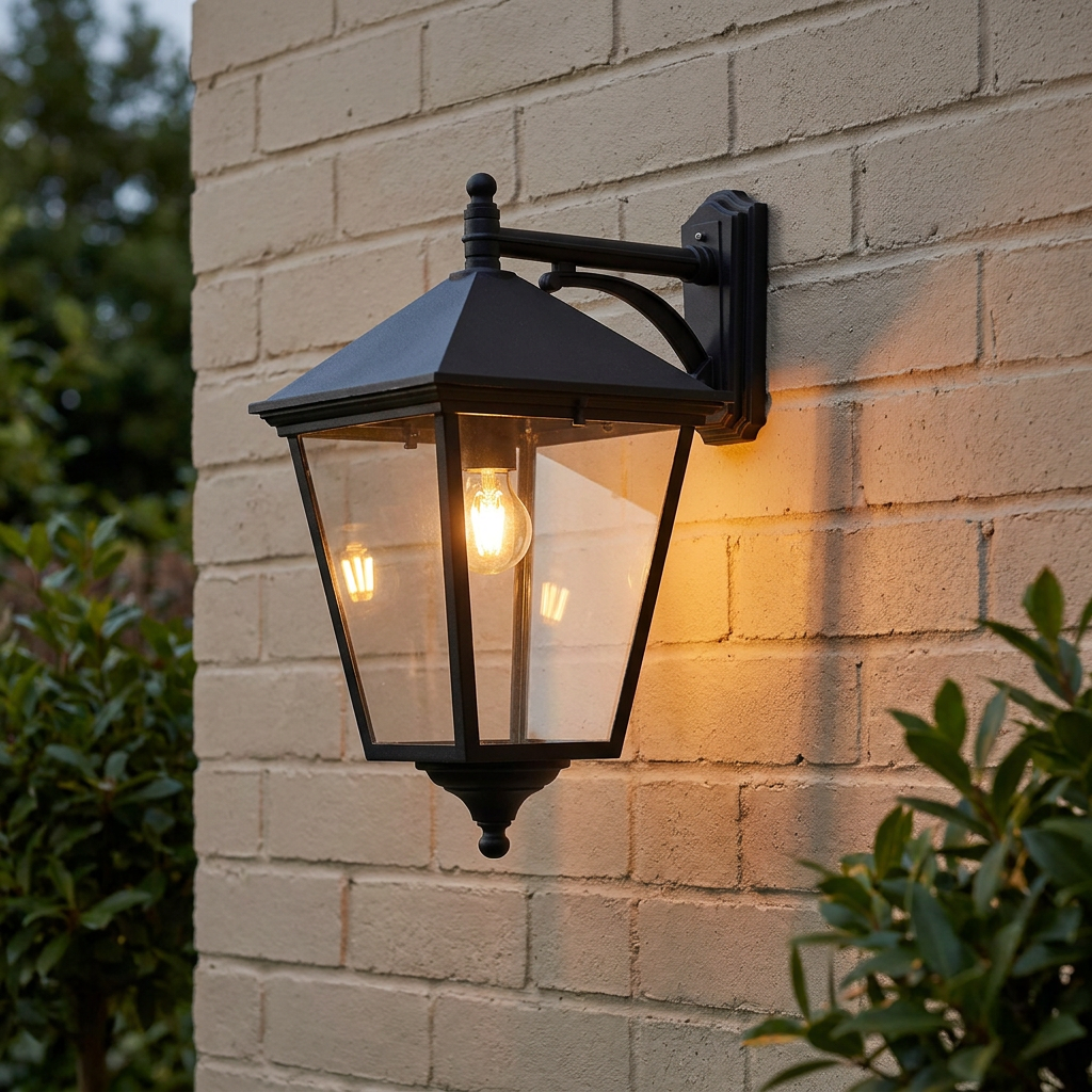 Illuminated traditional black outdoor wall lantern with clear glass mounted on a light brick wall.