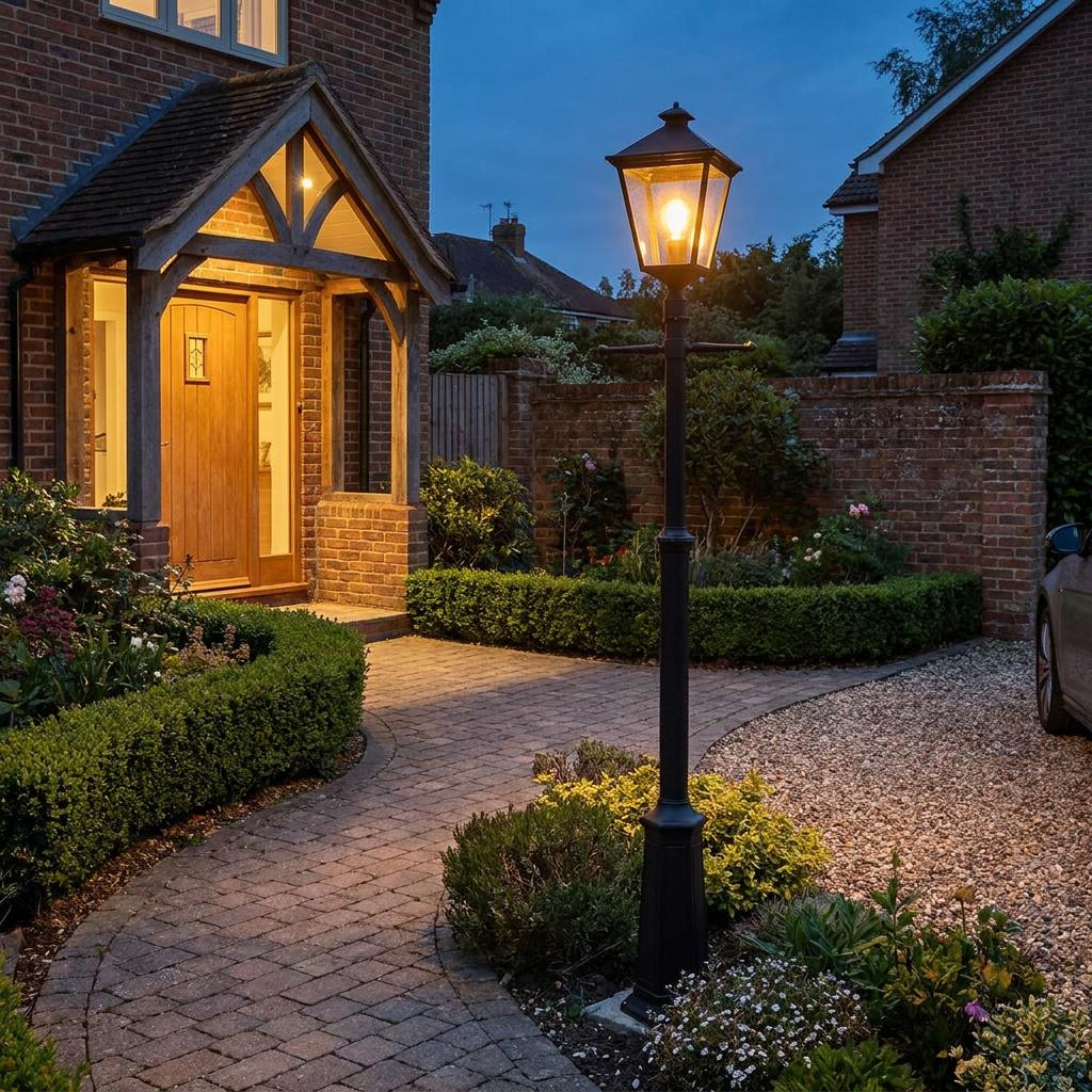 Lit black outdoor lamp post illuminating a brick house entrance and paved garden path at twilight.