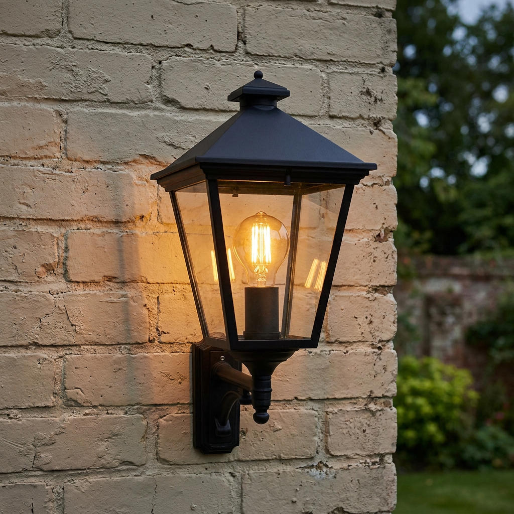 Black Elstead Turin Grande outdoor lantern with a warm Edison bulb mounted on a light-colored brick wall.