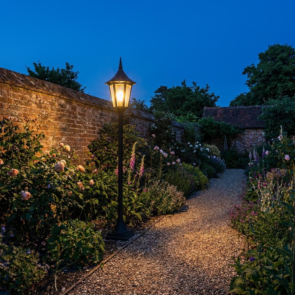 Traditional Elstead Valencia black outdoor bollard light glowing on a gravel garden path at twilight.
