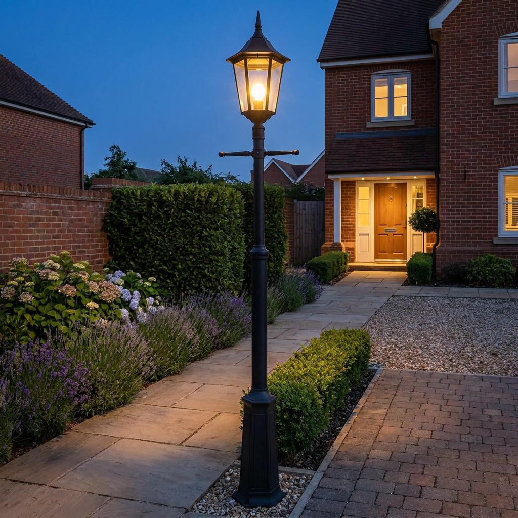 Black traditional lamp post illuminating a stone garden path in front of a brick house at twilight.