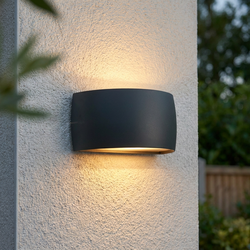 Elstead Vasa Graphite outdoor wall light with a curved design, casting warm light up and down on a textured wall.