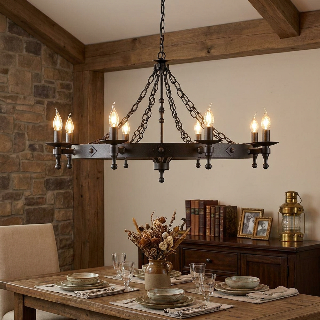 Eight-light candle-style graphite chandelier hanging above a set rustic dining table in a room with stone walls.