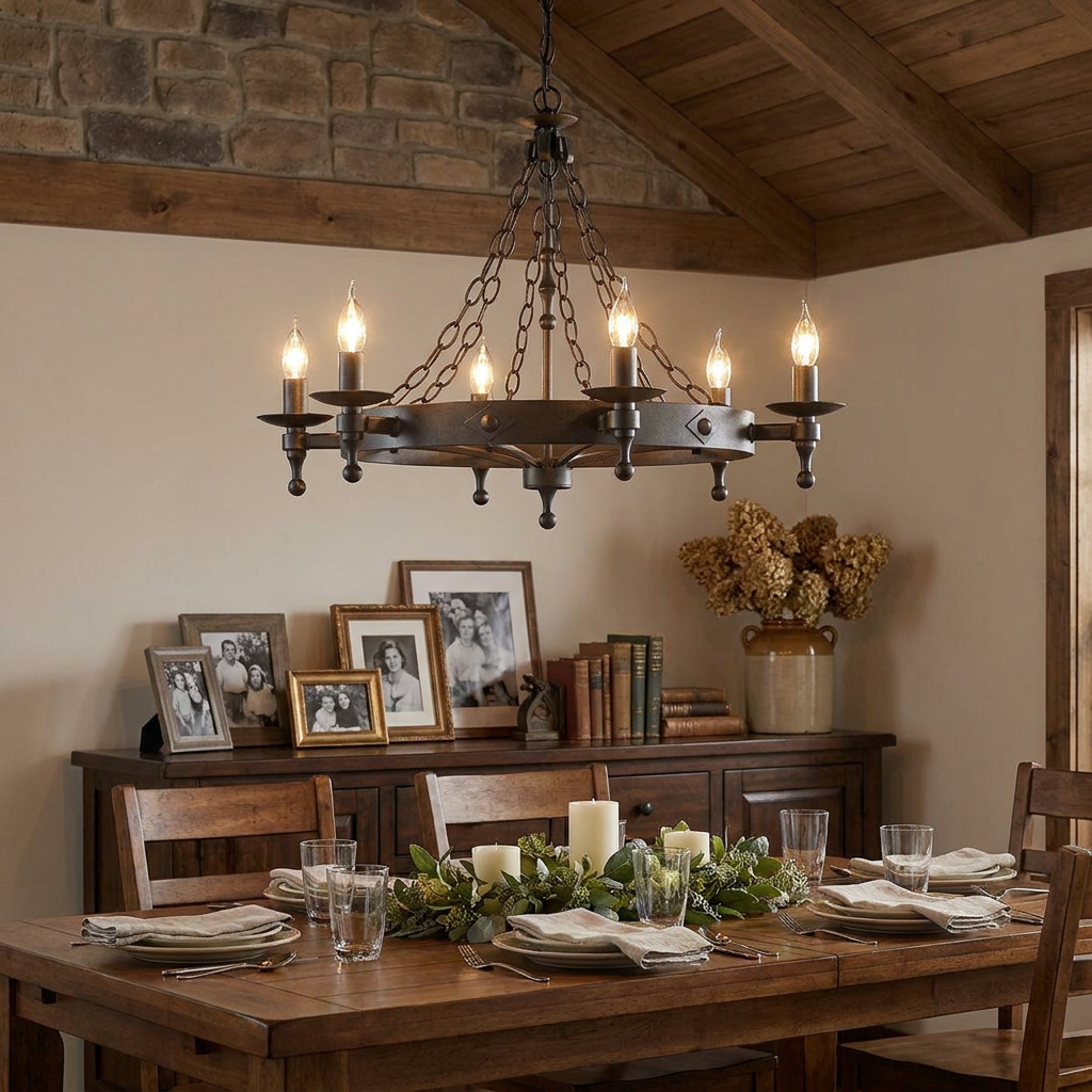 Elstead Warwick graphite 6-light chandelier with candle bulbs in a rustic wood-beamed dining room.
