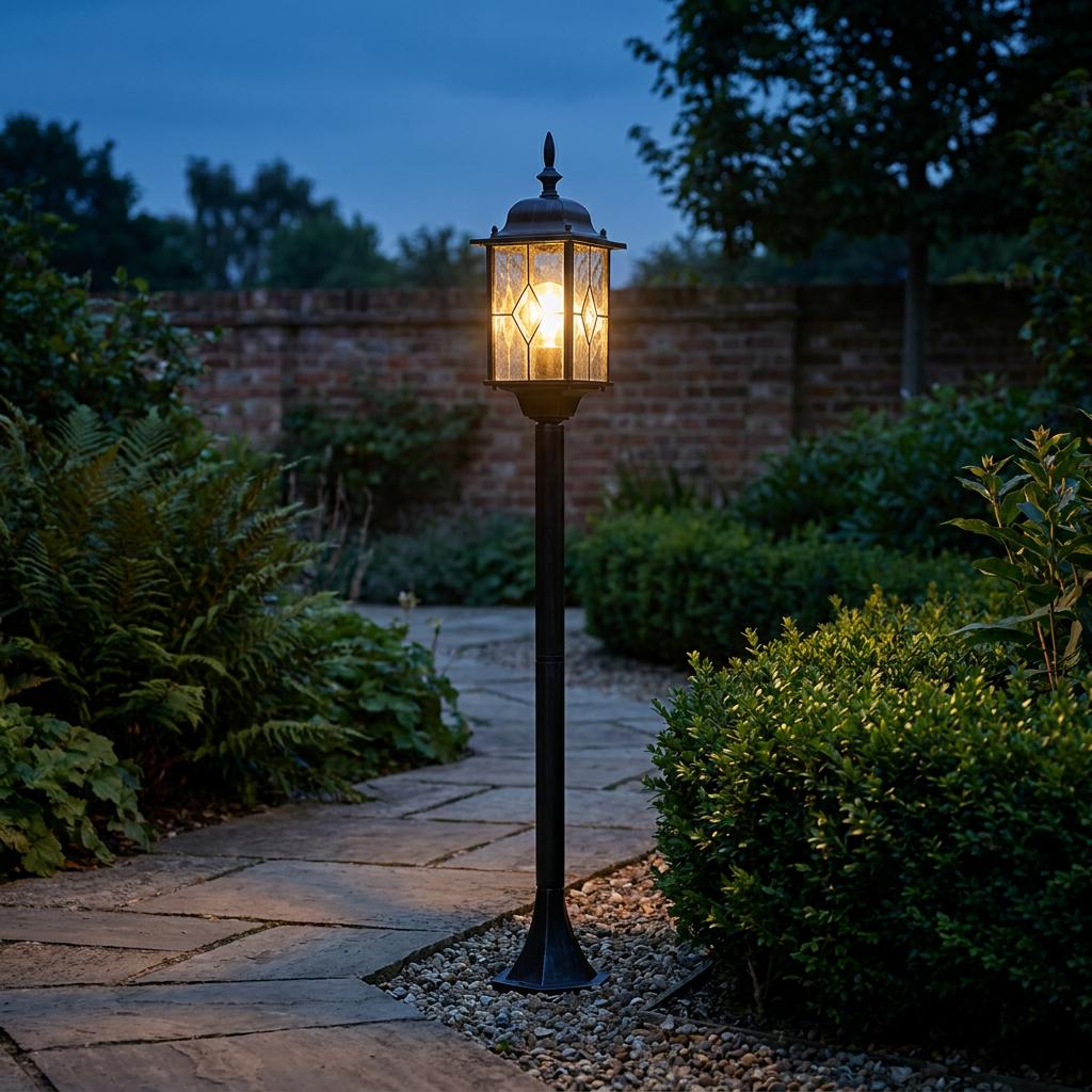 Traditional lantern-style bollard light with leaded glass panels glowing along a garden stone path at dusk.