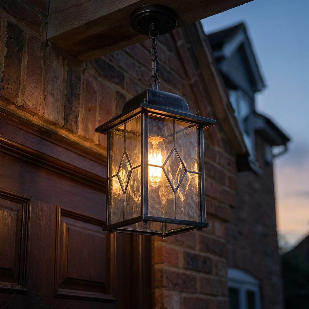 Illuminated black and silver lantern-style outdoor pendant light with leaded glass hanging from a porch at dusk.
