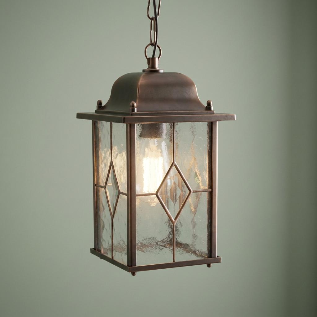 Traditional bronze outdoor lantern pendant light with diamond-leaded glass panels and a single glowing bulb.