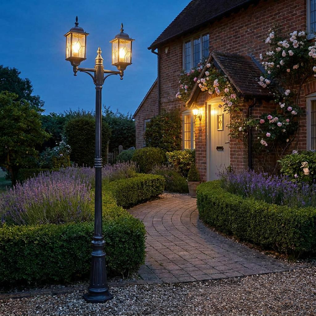 Traditional black and silver twin-arm lamp post illuminating a brick garden path outside a country house at dusk.