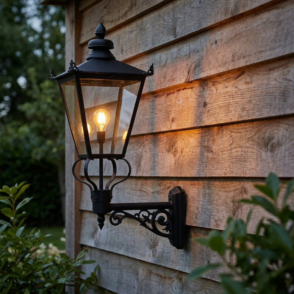 Traditional black outdoor wall lantern with a warm glowing bulb mounted on a wooden slatted wall.