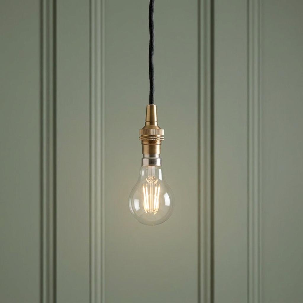 Eltham brass and black braided flex cable set with a lit bulb against a green paneled wall.