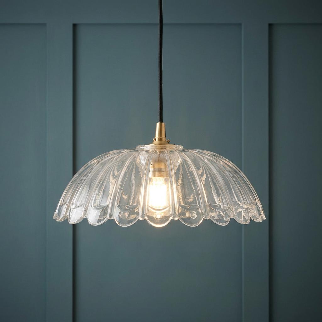 Fluted clear glass pendant light with brass fixtures and a black braided cable against a dark teal paneled wall.