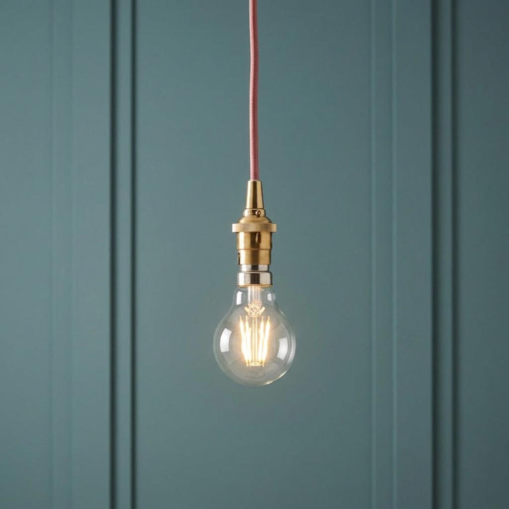 A glowing filament bulb with a brass fitting and red braided cable against a teal paneled wall.