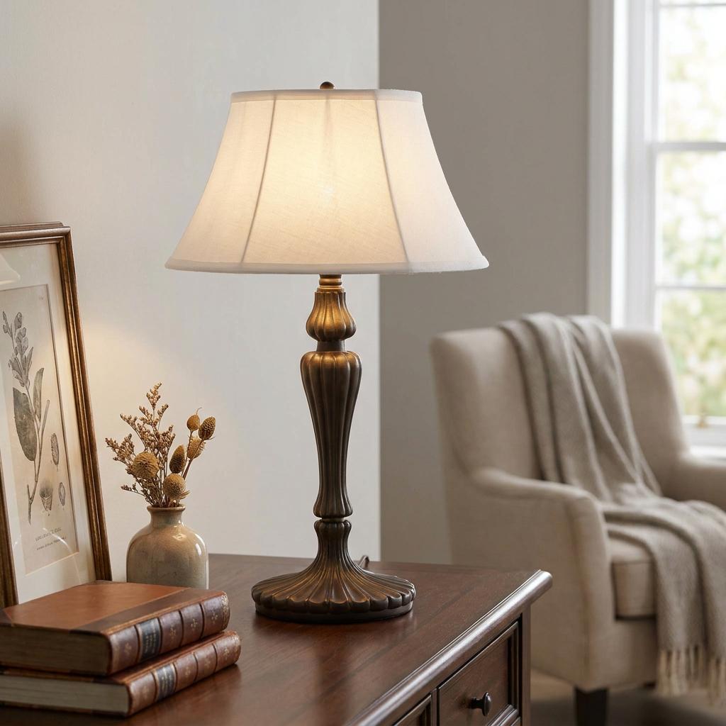 Traditional bronze table lamp with a white linen shade lit on a wooden desk beside books and a vase.