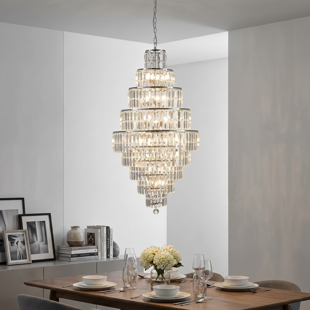 A large tiered crystal chandelier with polished chrome accents hanging above a modern dining table.