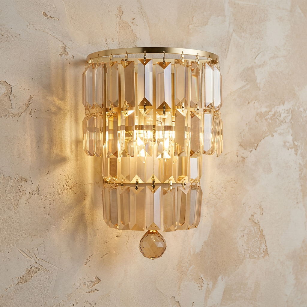 Empire wall light with tiered champagne crystals and satin brass frame glowing on a textured beige wall.