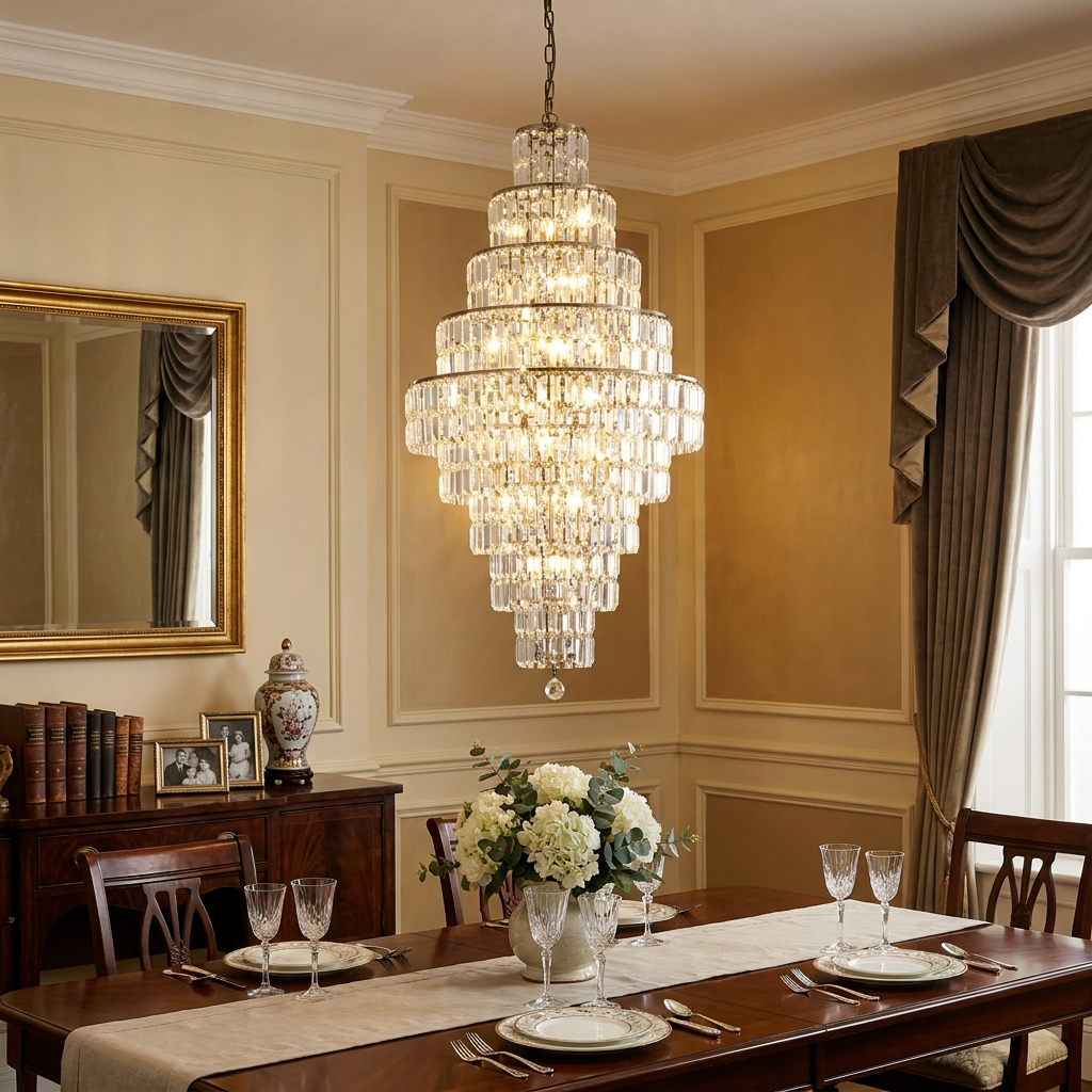 A grand multi-tiered crystal chandelier with an antique brass frame illuminating a formal dining room.
