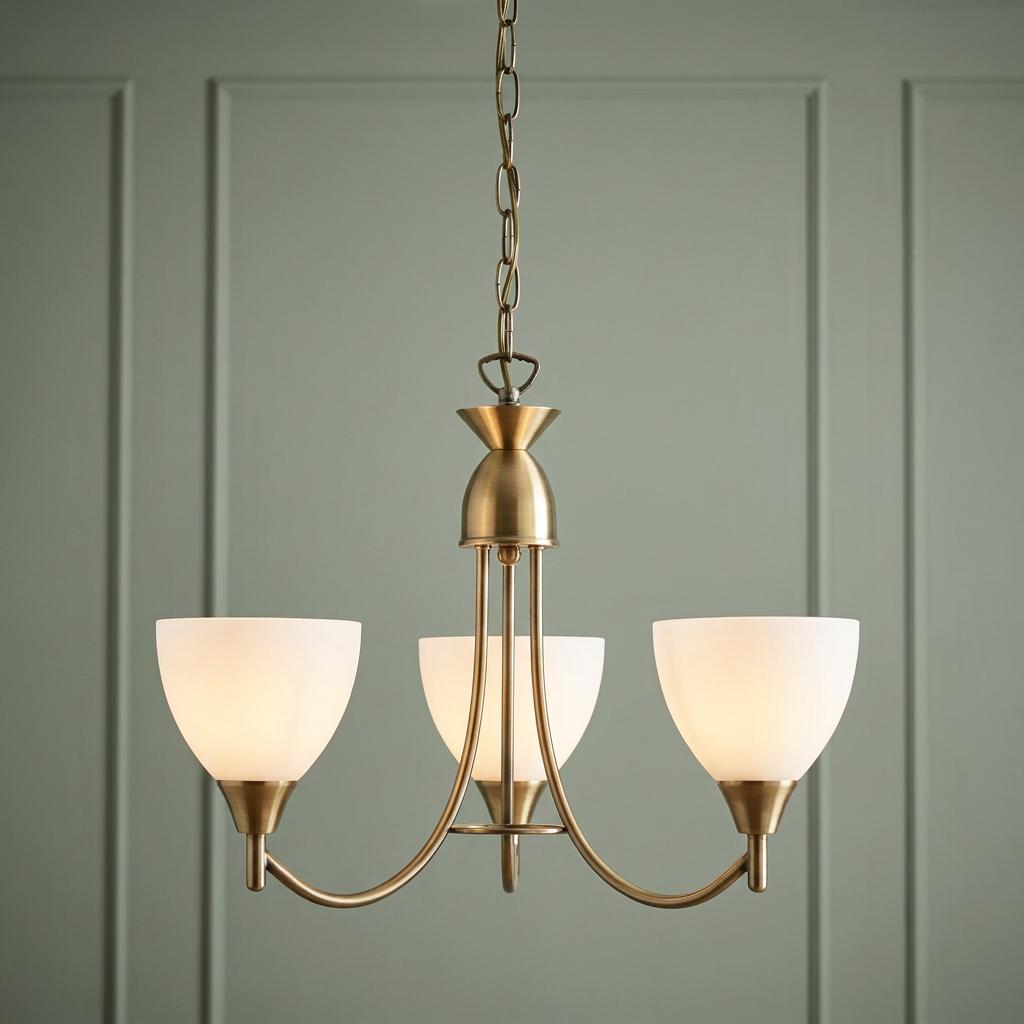 Endon Alton 3 arm antique brass pendant ceiling light with frosted white glass shades against a green paneled wall.
