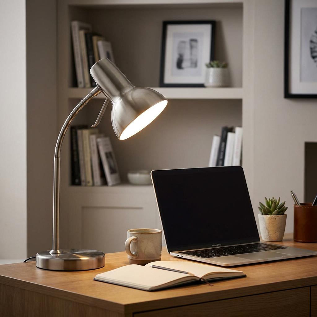 An Endon Amalfi 1 light satin nickel desk lamp illuminating a workspace with a laptop and notebook.