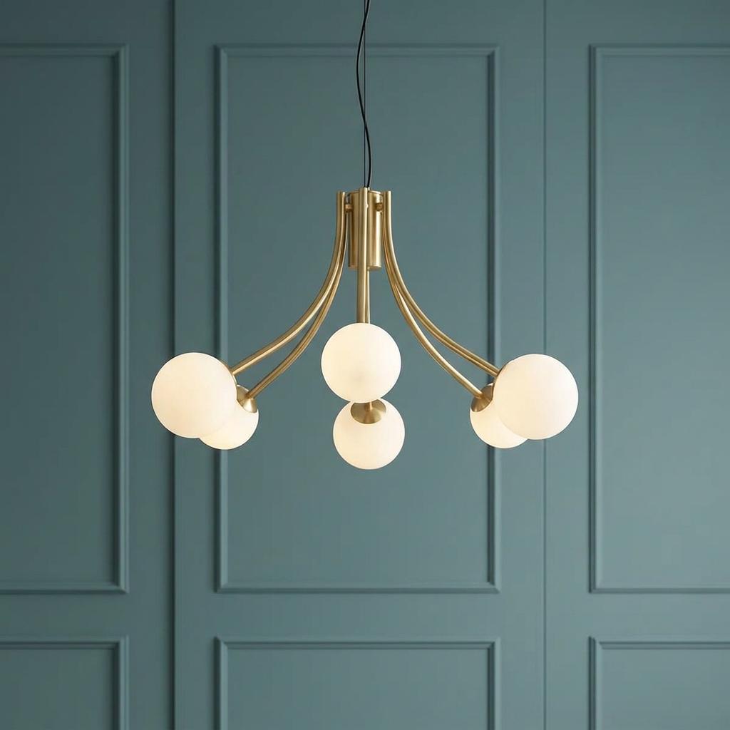 Modern gold ceiling pendant with six opal glass globes against a teal paneled wall.