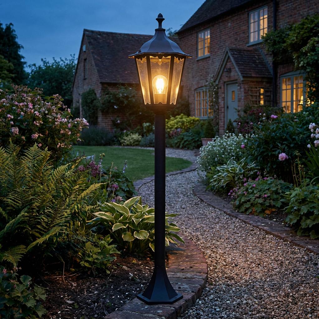 Traditional black lantern bollard light illuminating a gravel garden path at dusk near a brick cottage.