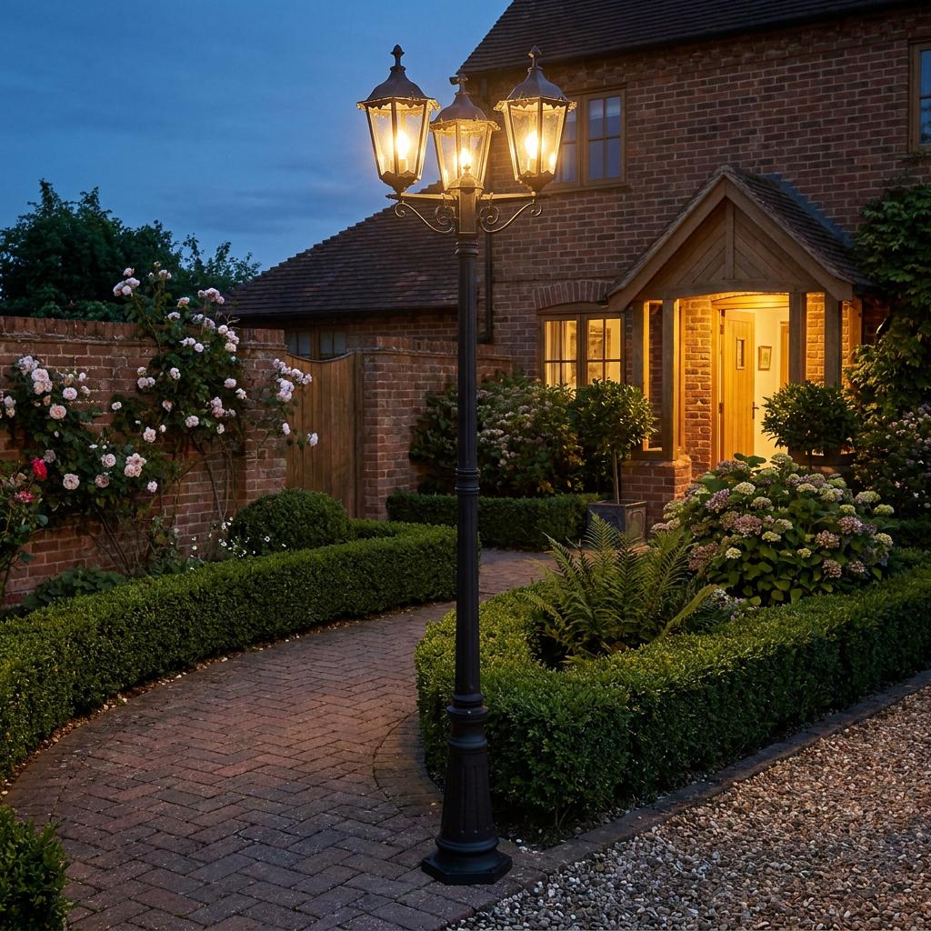 An illuminated Endon Burford 3 Light Black Outdoor Lamppost in a garden setting at dusk.