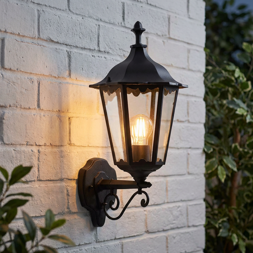 Traditional black lantern outdoor wall light with a glowing bulb mounted on a white brick wall.