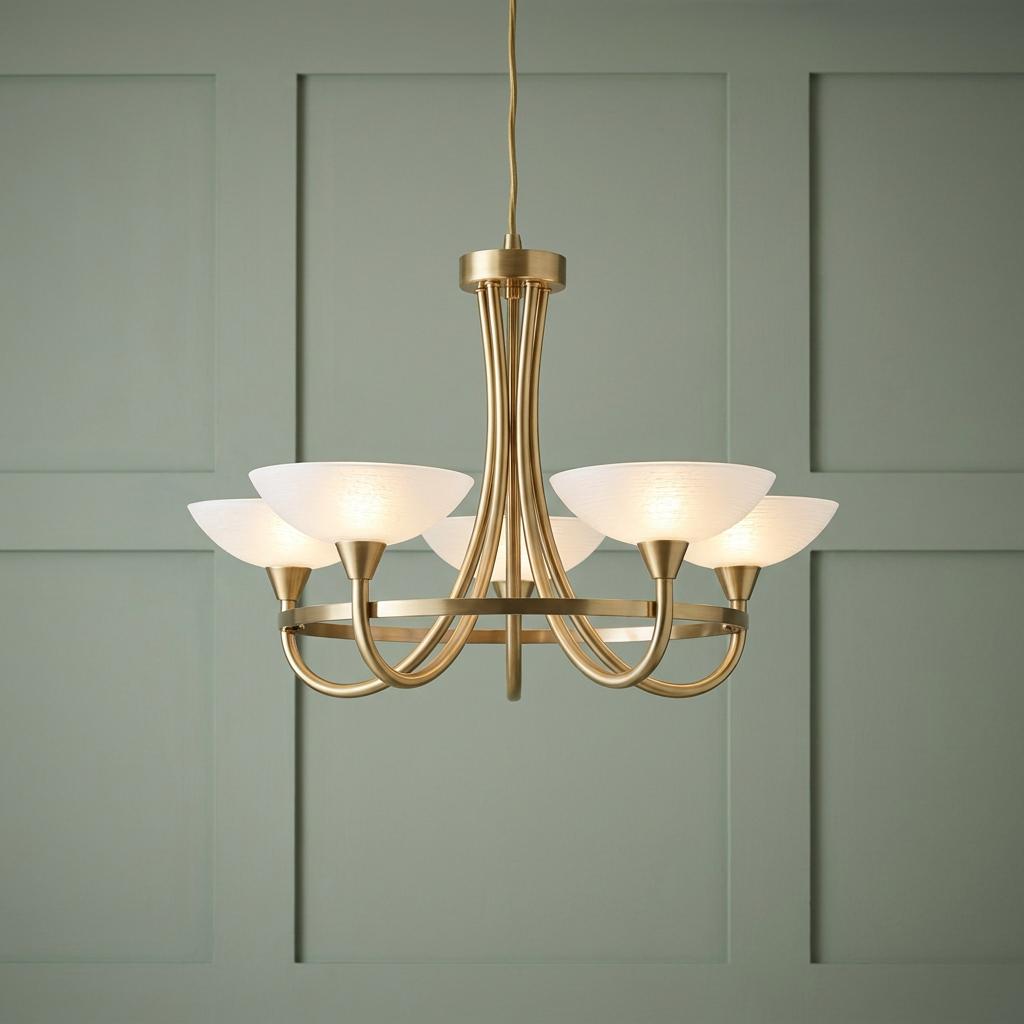 Five-light brushed brass chandelier with frosted glass shades against a sage green wood-paneled wall.