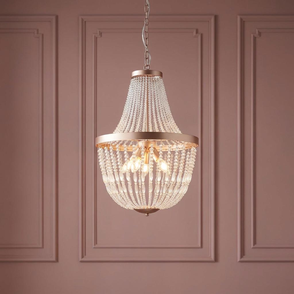 Elegant 5-light rose gold and glass bead pendant chandelier hanging against a mauve paneled wall.
