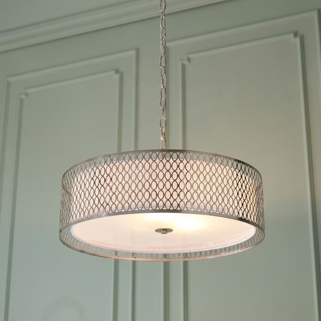 Endon Cordero 3-light satin nickel pendant with patterned mesh shade and white diffuser against a green paneled wall.