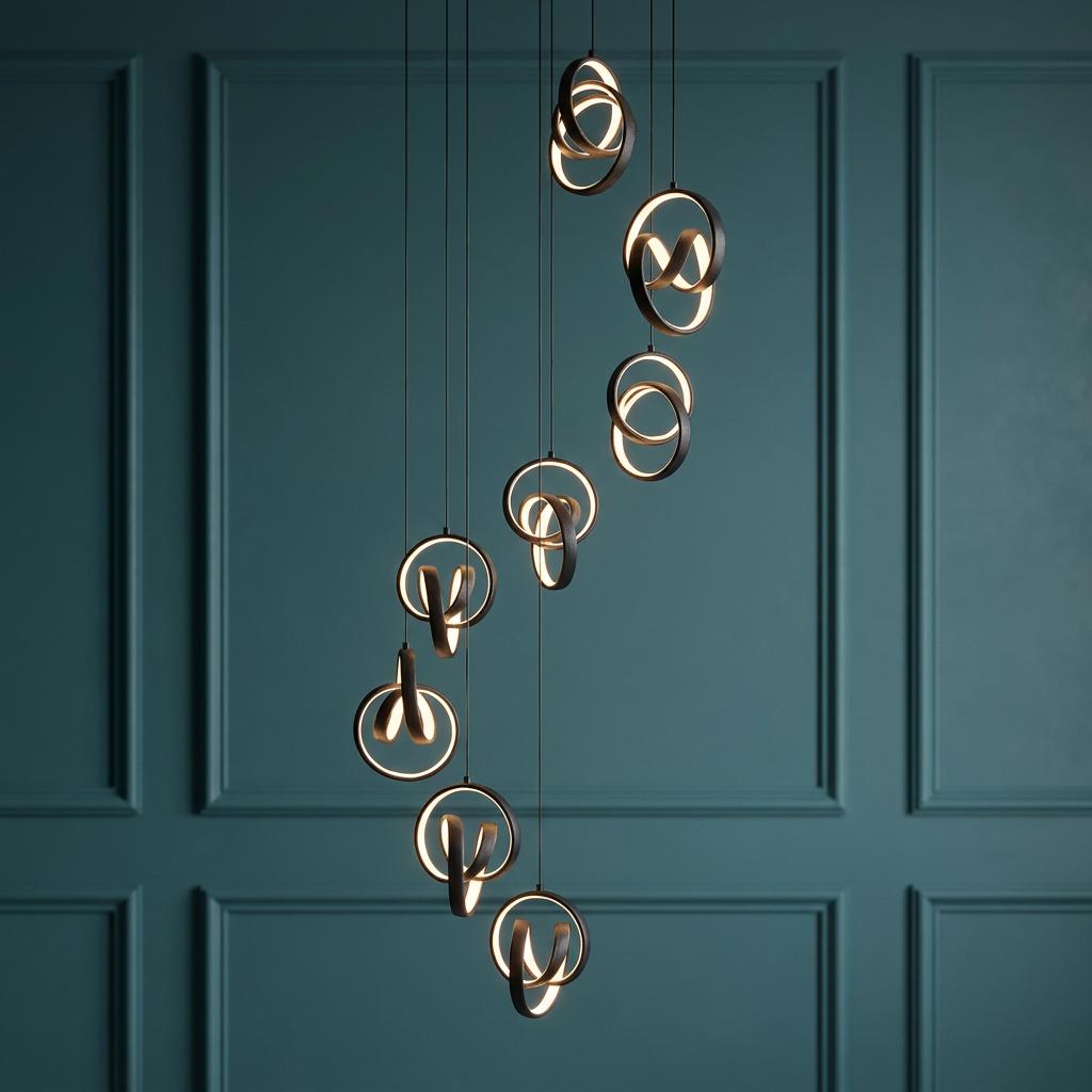 Endon Cosma 8 Light Black Ceiling Pendant with cascading illuminated rings against a dark teal paneled wall.