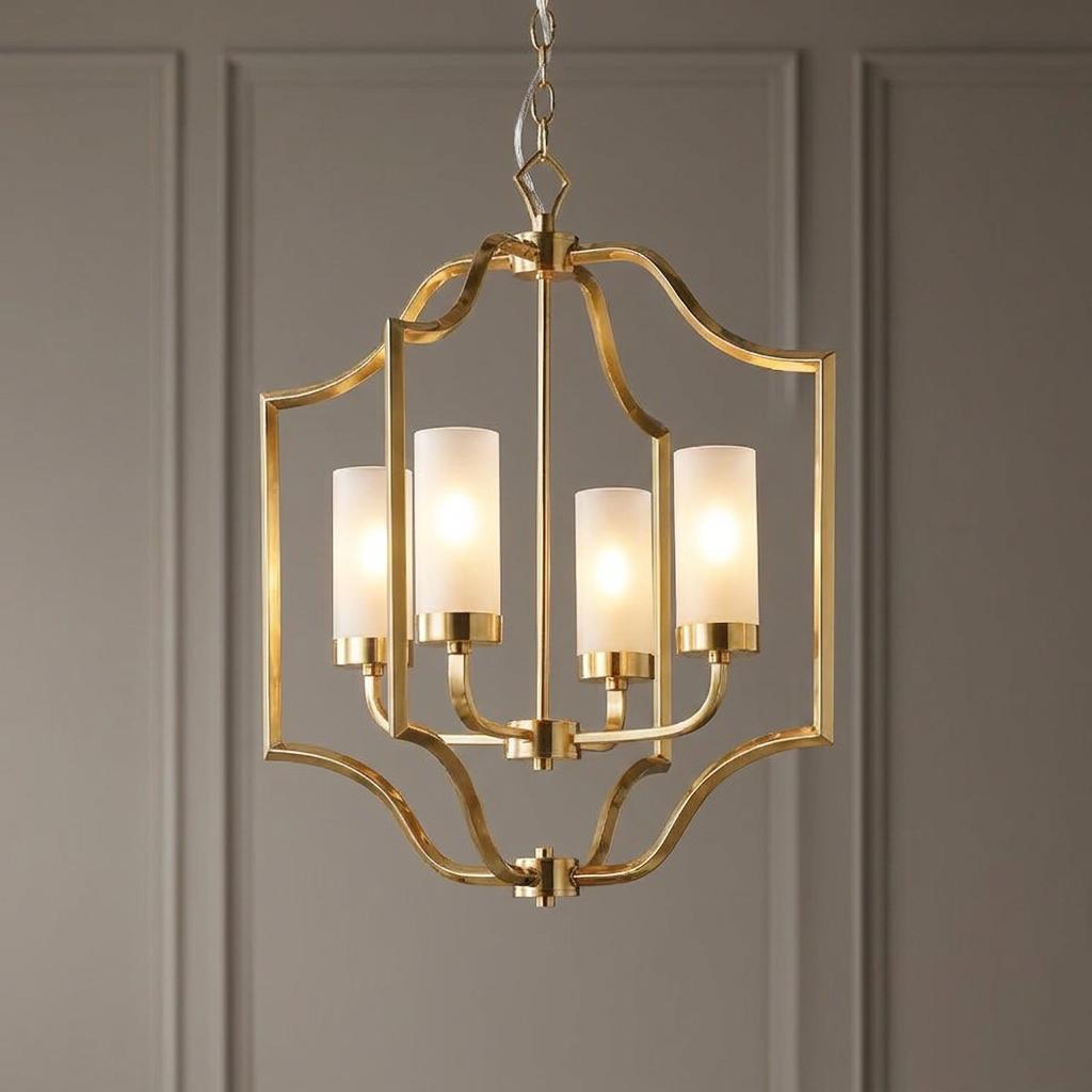 Endon Edrea 4 light brass ceiling pendant with frosted glass shades inside a curved geometric lantern frame.