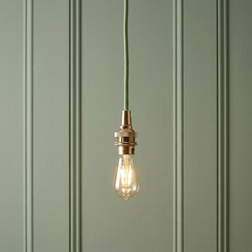 An aged brass pendant light with a green braided cable and Edison bulb against a green wood panel wall.