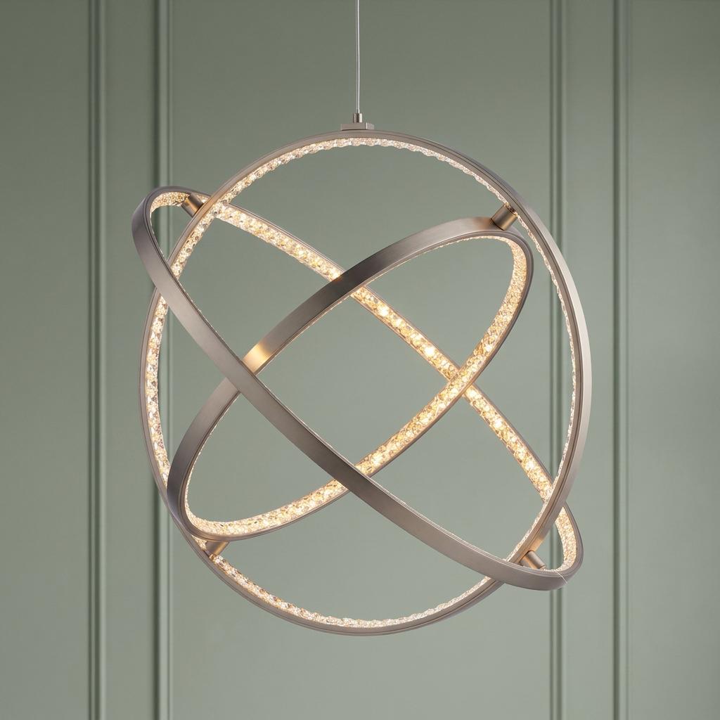 Nickel pendant light with three intersecting crystal-lined rings against a muted green wall.