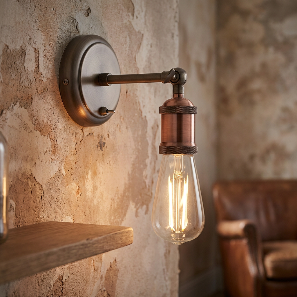 An industrial-style wall light with a pewter finish and copper socket holding a glowing vintage Edison bulb.