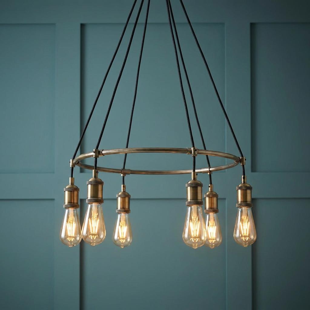 Endon Hal 6-light antique brass hoop pendant with exposed Edison bulbs against a teal paneled wall.