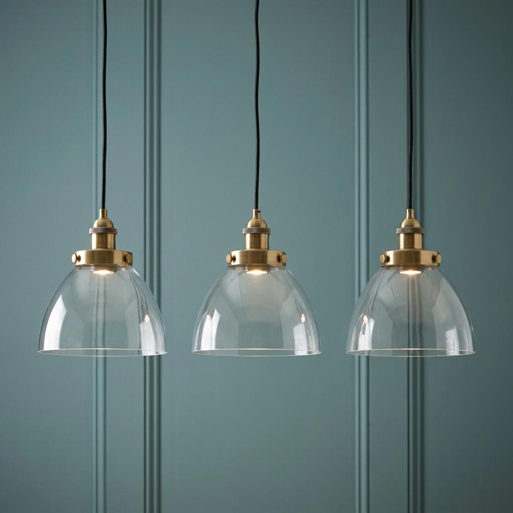 Three brass pendant lights with glass dome shades suspended against a teal wood-paneled wall.