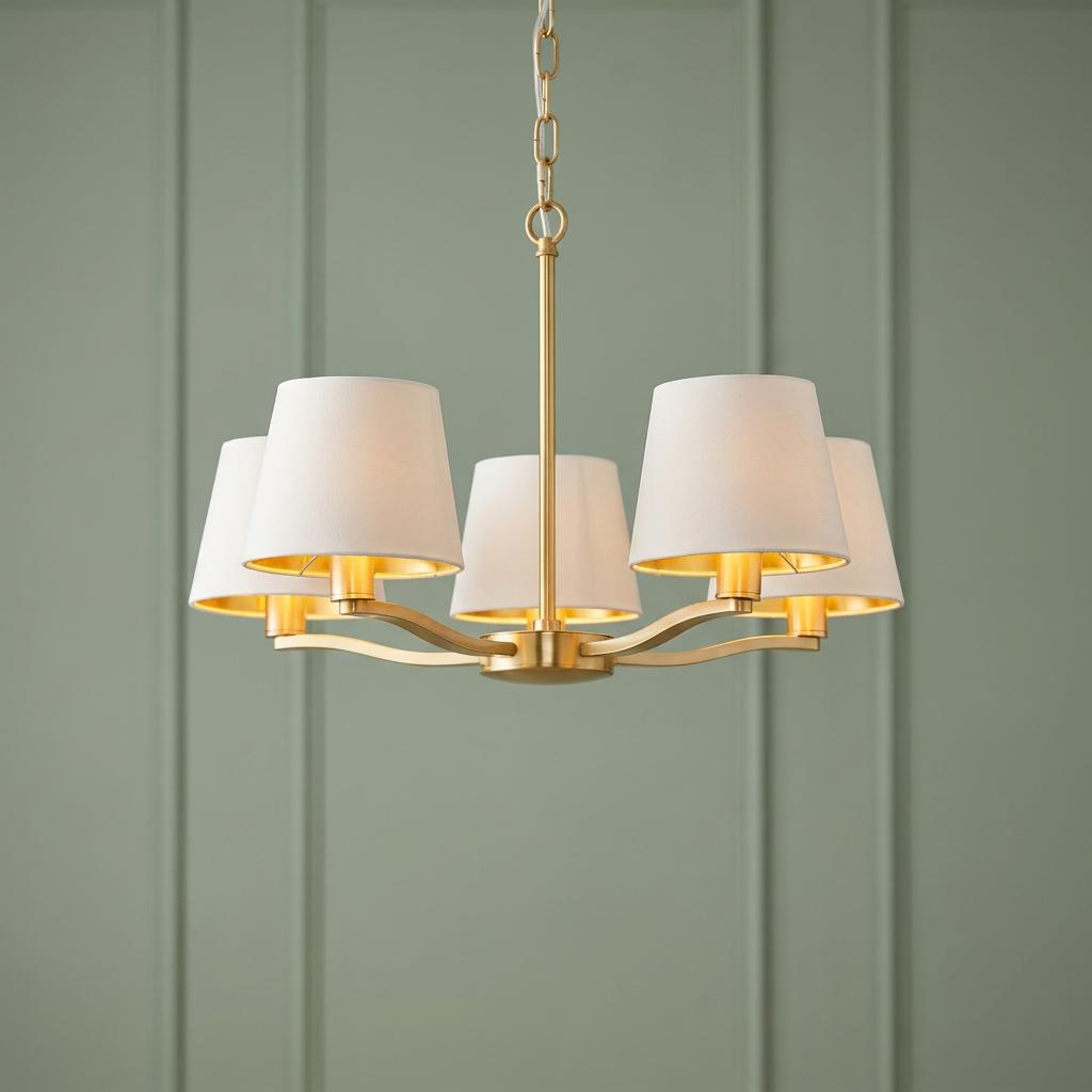 Endon Harvey 5-light satin gold pendant light with white fabric shades against a green paneled wall.