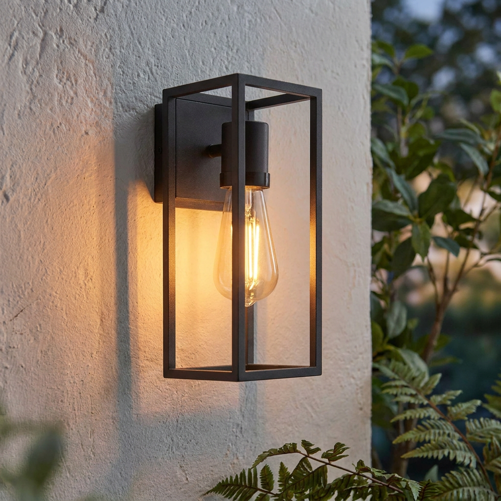 A black rectangular outdoor wall light with a glowing Edison bulb mounted on a white textured wall.